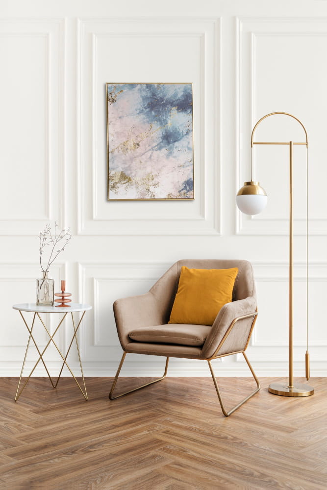 Illustration représentant le design et la décoration, avec des éléments symbolisant le design d'intérieur, le branding personnel et l'aménagement d'espaces professionnels.